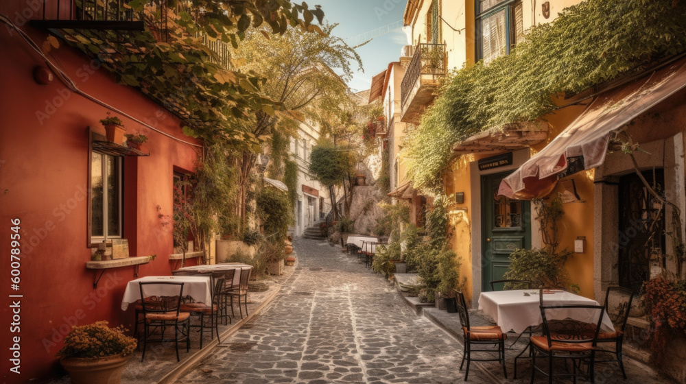 a charming street with cafes in the old town. Generative AI