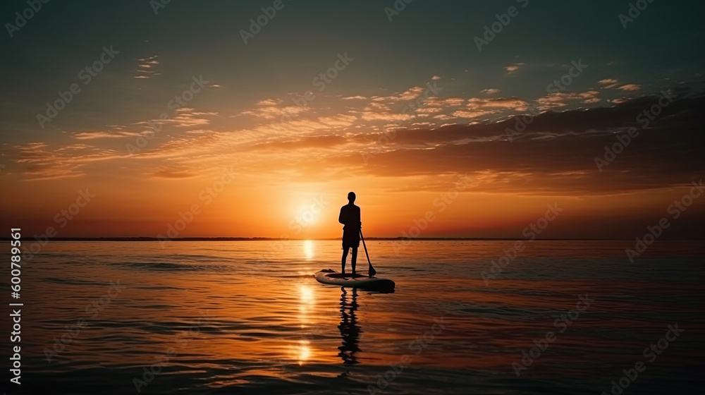 a silhouette of a man standing on a stand up paddle board at a sunrise. Generative AI