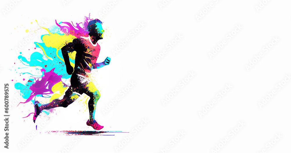 Athlete with colorful splashes is running with high speed, fitness and sport concept, watercolors, generative AI

