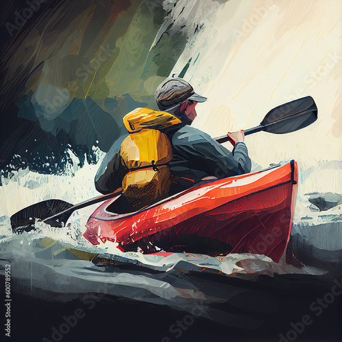 Man kayaking in whitewater surrounded by rocks and forest, adventure and active sport on the river, generative AI  © Berit Kessler