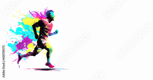 Athlete with colorful splashes is running with high speed, fitness and sport concept, watercolors, generative AI 