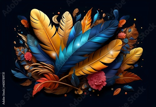 Fototapeta Naklejka Na Ścianę i Meble -  Colorful feathers leave on the living wall 3d abstraction wallpaper. Abstract seamless pattern peacock feathers background. Multicolor feather above on hanging wall interior mural painting, Ai.