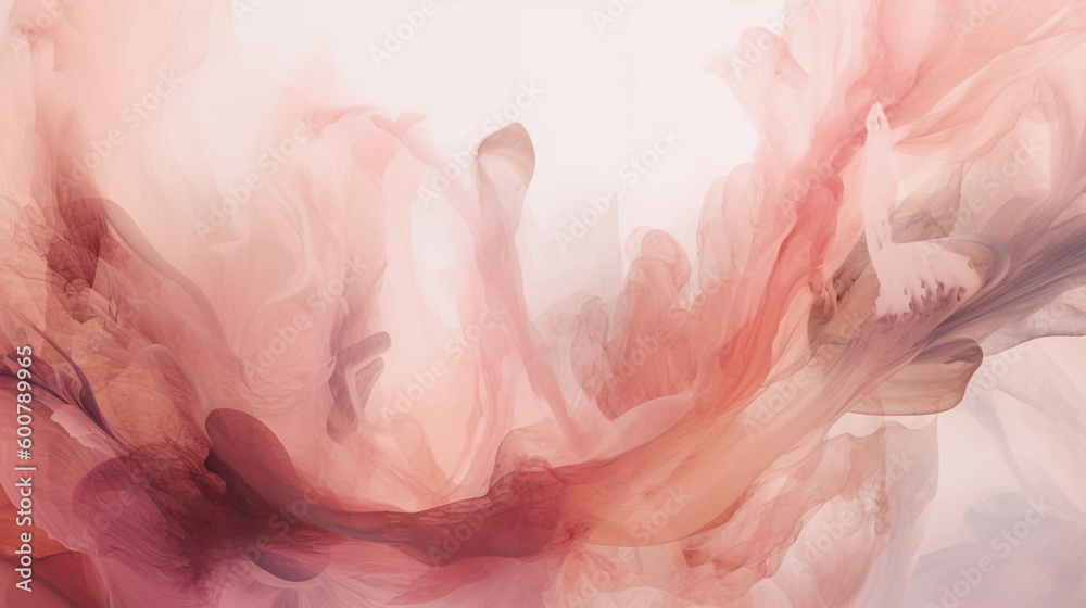 Drops of blush pink paint in water. Whirlpool of splashes, clouds and waves in motion. Smoke cloud, underwater abstract background. Generative AI