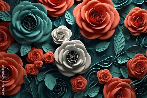 Fototapeta Naklejka Na Ścianę i Meble -  3D roses background, 3d abstraction wallpaper for interior mural wall art decor. Generative Ai.