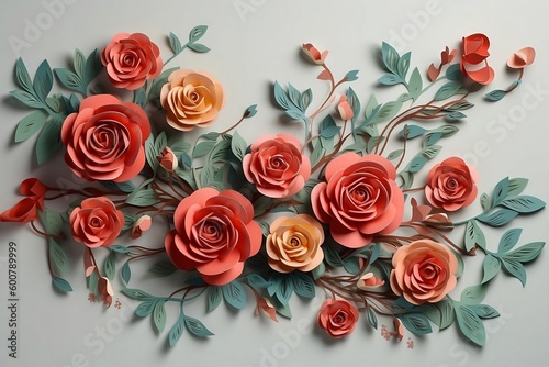 Fototapeta Naklejka Na Ścianę i Meble -  Roses surrounded by leaves and flowers, illustration background. 3d abstraction wallpaper for interior mural wall art decor. Generative Ai.