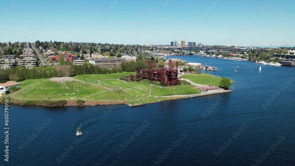 Drone Approaching Gas Works Park in Spring Season Drone Approaching Gas Works Park in Spring Season