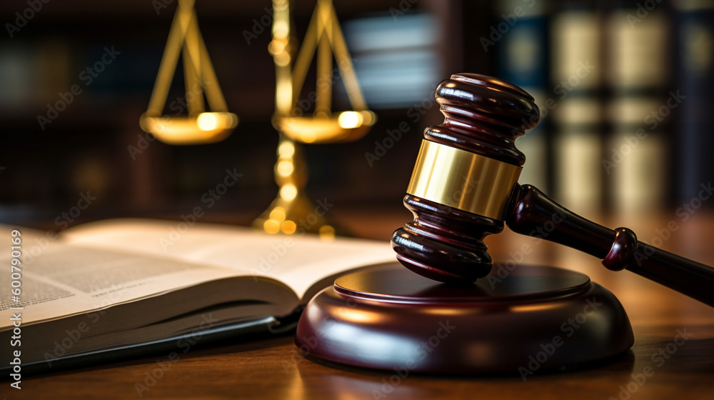 illustrated realistic image of a judicial gavel in the foreground and books and scales of justice, generated by AI illustrated realistic image of a judicial gavel in the foreground and books and scales of justice, generated by AI