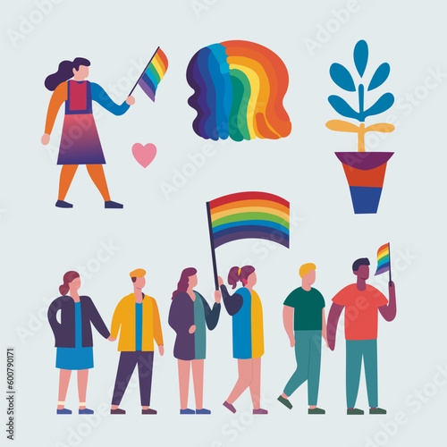 LGBTQ Pride Parade Set. Vector illustration of a gay pride parade. A group of people participating in the Pride parade. LGBT community