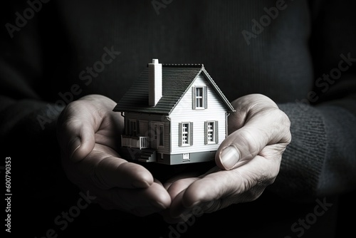 Hands holding model house, real estate insurance and banking concept. Generative AI