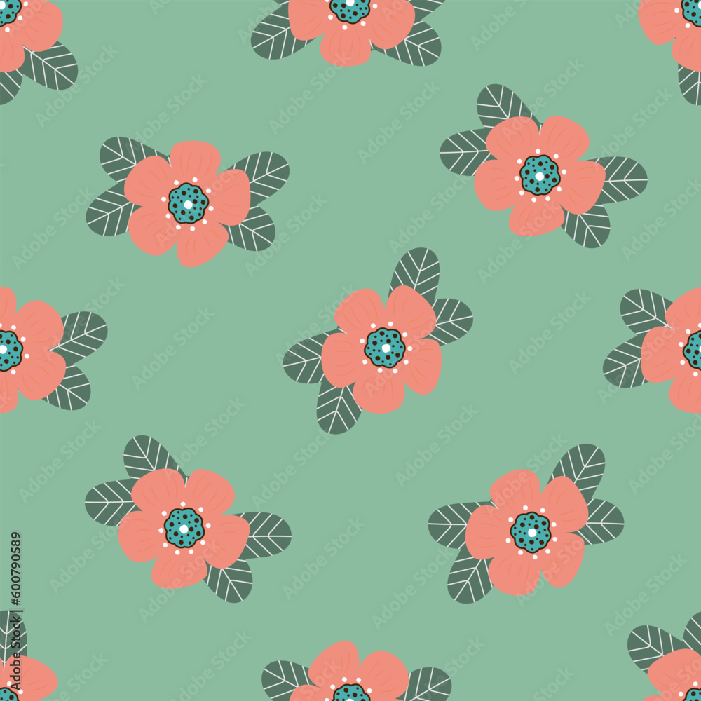 Seamless pattern with hand drawn   flowers and branh with leaves