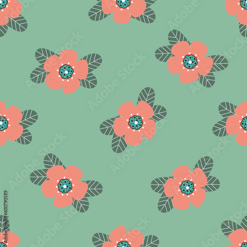 Seamless pattern with hand drawn flowers and branh with leaves