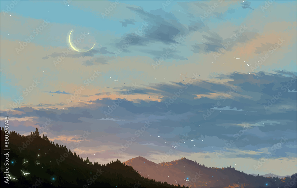 Silhouette mountain under new moon and dusk sky digital art illustration Silhouette mountain under new moon and dusk sky digital art illustration
