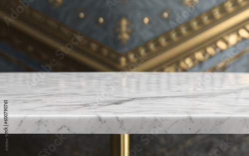 High-Resolution Mock-Up Image of an Empty Marble Table on a Blurred Background, Ideal for Displaying Your Designs in a Realistic Setting  © Gabriele