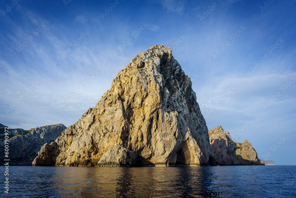 Naklejka premium tip of Catalunya cape, Cala Figuera, Tramuntana coast, Pollensa, Majorca, Balearic Islands, Spain