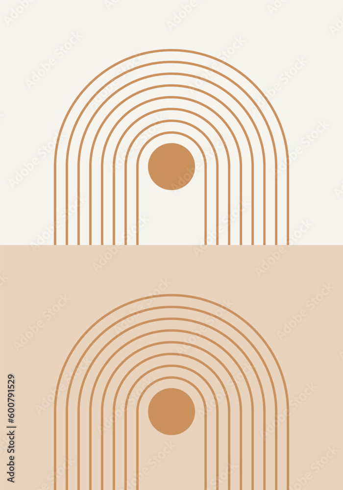 Abstract geometric minimalist artwork. Mid century modern and Bauhaus inspired retro poster with an arch and circle. Modern trendy wall art with simple shapes.