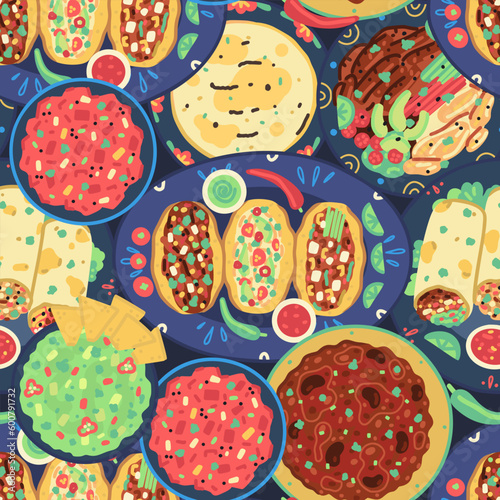 Seamless pattern of traditional mexican food on dark background. Mexican cuisine. Tacos, tortilla, fajitas, nachos, burrito, guacamole, salsa, chili con carne. Wallpaper, fabric wrapping design