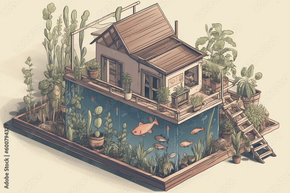 An innovative home aquaponics system illustrating the symbiotic relationship between plants and fish, promoting sustainable and eco-friendly food production.