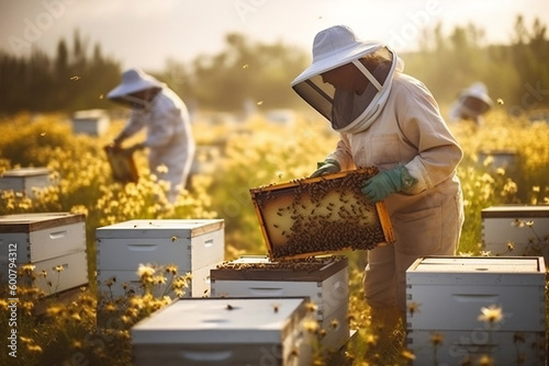  A picturesque scene of a beekeeper tending to beehives in a vibrant flower field, highlighting the importance of pollination and sustainable honey production. photo