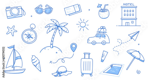 Summer travel vacation drawn set. Hand drawn sketch doodle style summer trip, vacation background. Sun, travel bag, beach tent doodle element. Funny tourism vector illustration.