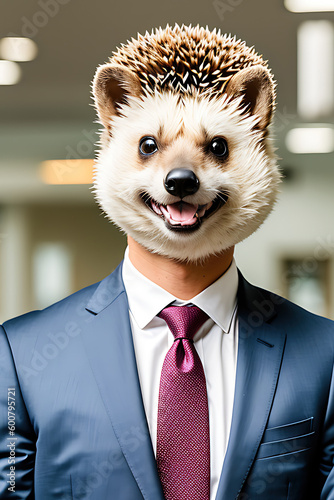 A hedgehog wearing a business suit and tie - created with Generative AI photo