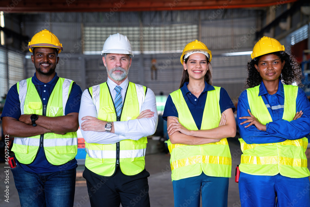 Confident Manager visit engineer teamwork at manufacture factory gathering smile portrait together Confident Manager visit engineer teamwork at manufacture factory gathering smile portrait together