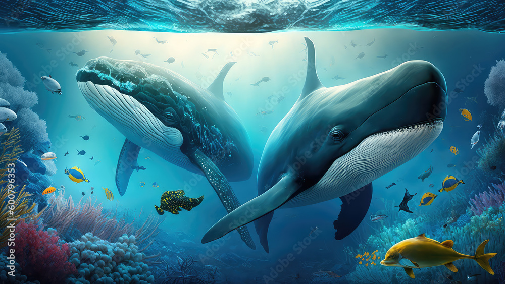 Animals of the underwater sea world. Ecosystem. Colorful tropical whale. Life in the coral reef. (ai generated)