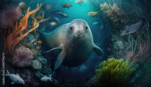 Animals of the underwater sea world. Ecosystem. Colorful tropical seal. Life in the coral reef. (ai generated) © ImagineDesign