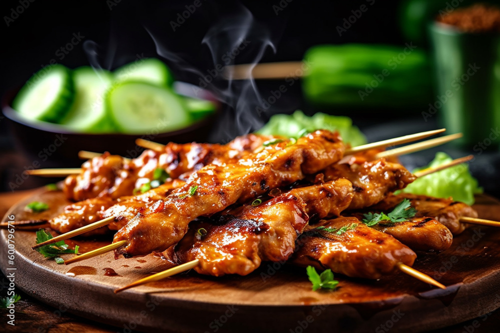 Chicken satay served with spicy peanut sauce on the tray, accompanied by fresh cucumber, created with Generative AI