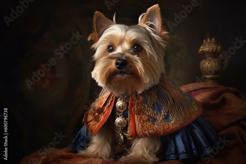 AI Generated. AI Generative. Painting of a Yorkshire terrier in renaissance clothing realistic illustration. Vintage retro elite vibe. Graphic Art © AkimD