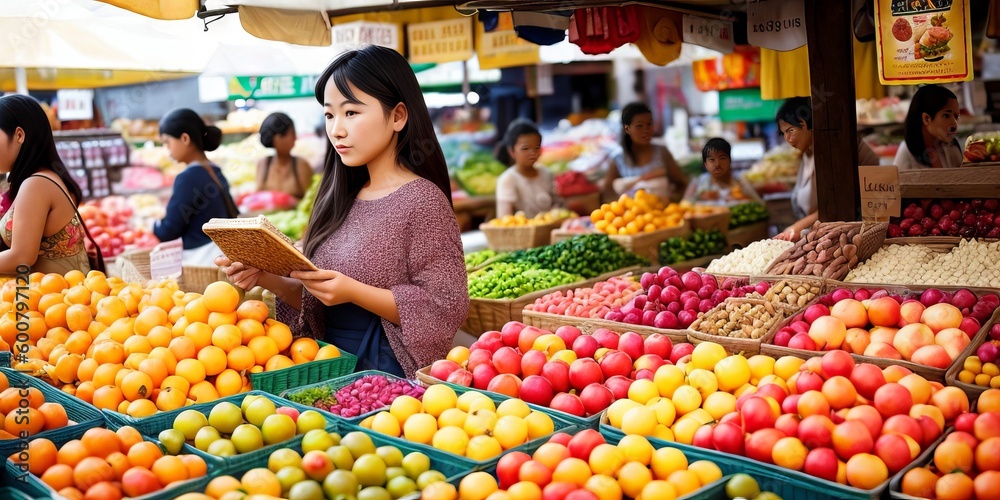 Young asian woman with reusable bag doing shopping in plastic free store. Minimalist vegan style girl buying groceries without plastic packaging in zero waste shop. Low waste lifestyle. Generative AI