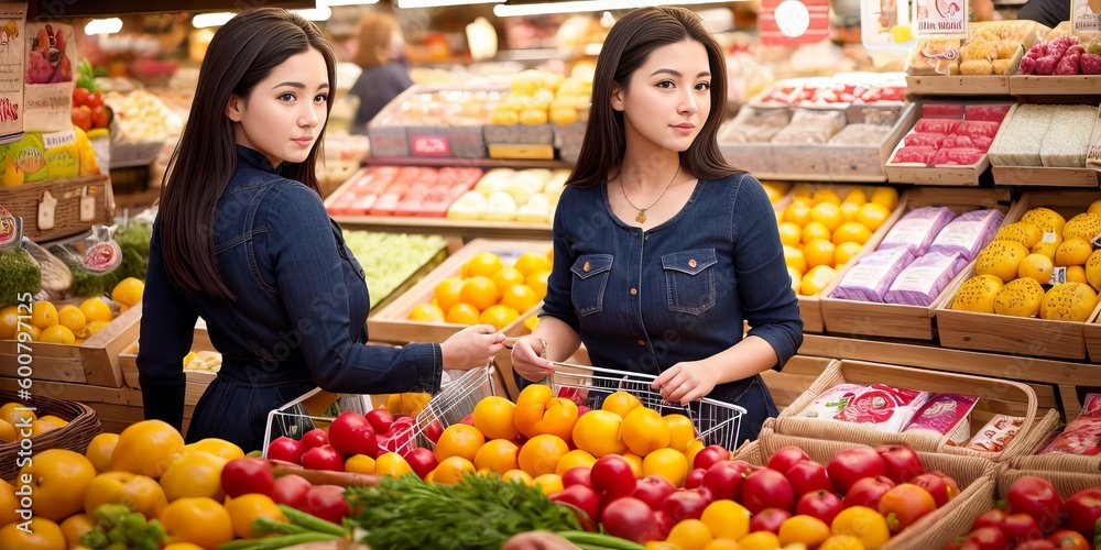 Young beautiful asian woman outdoor in the city selling fruits and vegetables at local food market. Market stall with variety of organic vegetable. Generative AI Young beautiful asian woman outdoor in the city selling fruits and vegetables at local food market. Market stall with variety of organic vegetable. Generative AI