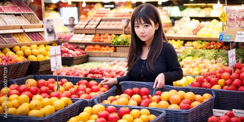 Beautiful asian young woman buying fresh vegetables at city center farmer's local market. Flower and food from rooftop garden. Concept shopping, small business, sustainable production. Generative AI