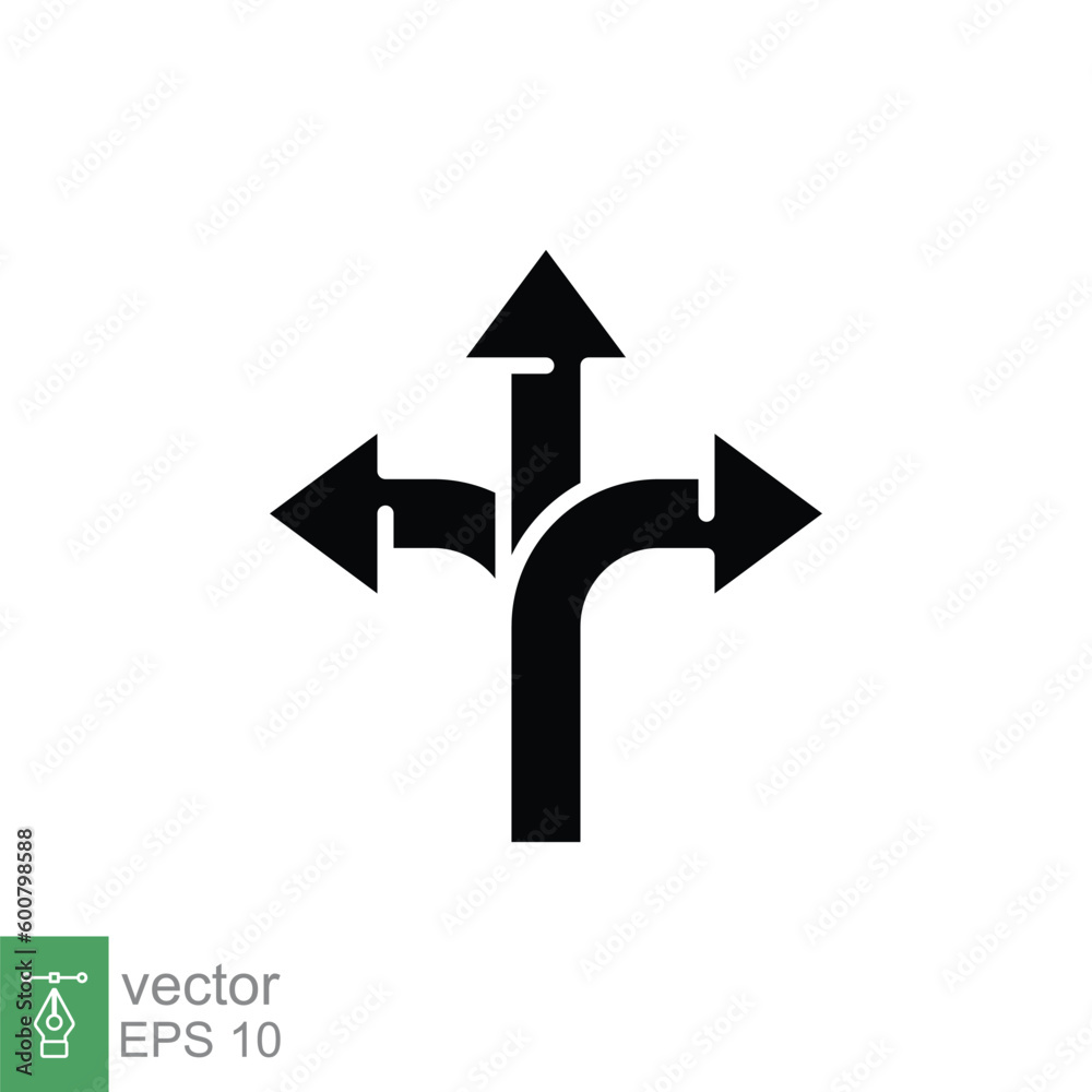 3 arrow way icon. Simple solid style. Choice, option, pathway, opportunity, three, road concept. Black silhouette, glyph symbol. Vector symbol illustration isolated on white background. EPS 10. 3 arrow way icon. Simple solid style. Choice, option, pathway, opportunity, three, road concept. Black silhouette, glyph symbol. Vector symbol illustration isolated on white background. EPS 10.