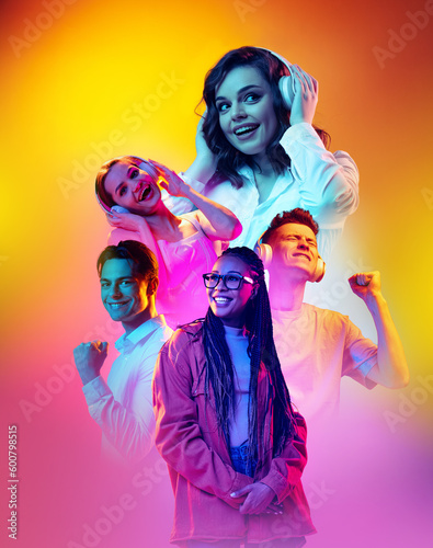 Collage. Young people, men and women of different age, gender and race listening to music in headphones over multicolored background in neon. Concept of youth, lifestyle. Flyer for ad, poster. © master1305