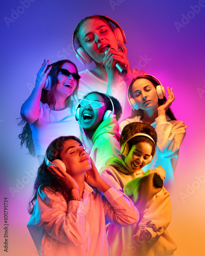 Collage. Young beautiful girls in casual clothes listening to music in headphones over multicolored background in neon. Concept of human emotions, youth, lifestyle. Flyer for ad, poster