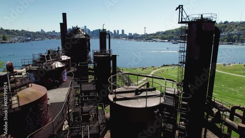 Drone Flying Through Gas Works Park Oil Refinery Equipment