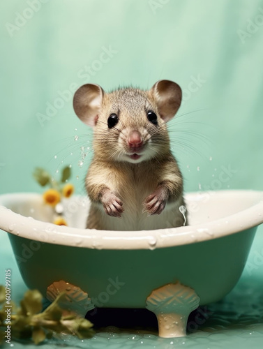 mignonne petite souris dans une minuscule baignoire photo