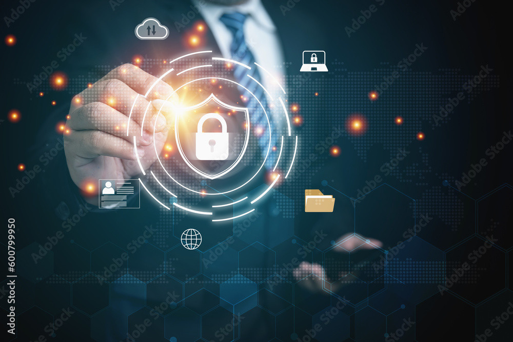 Firewall interface protection, and cyber security. Businessman touching virtual screen on a shield with padlock for protect personal data information. Technology protection private data.
