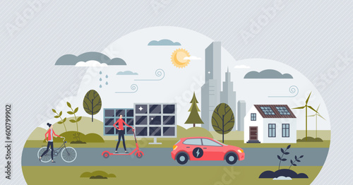 Renewable energy sources and green powered transportation tiny person concept. Wind turbine and solar panels as sustainable and environmental solution for electricity production vector illustration.