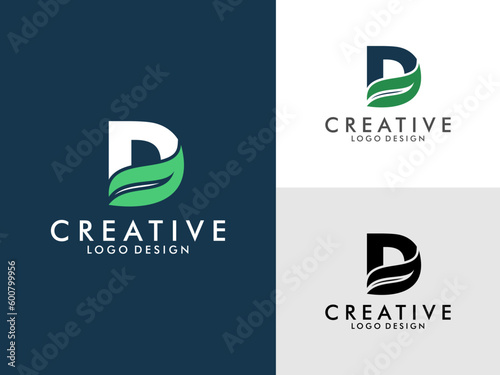 Initial Letter D Logo with Green Leaf vector on 
three color variations . Usable for Branding and Nature Logos. Flat Vector Logo Design Template Element