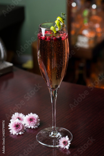 Champagne with fruit, strawberries and raspberries