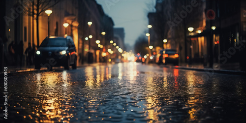 rainy city street at night  Shallow depth of field. Generative AI