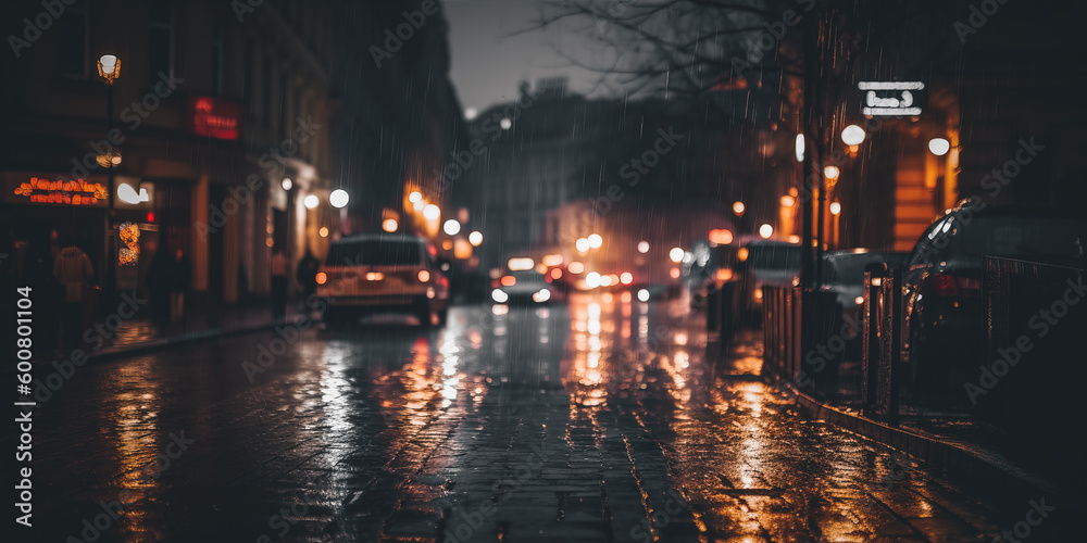 rainy city street at night, Shallow depth of field. Generative AI