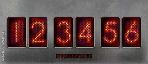 Retro clock with digital lamp glowing digits on a metallic background. Vector illustration