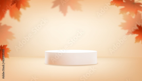 Autumn background,3D Studio Room and Podium Display with Mable Laves Shadow on Orange wall.Vector Autumnal Scene Empty room for template design,Backdrop Banner for Product presentation on Fall Season