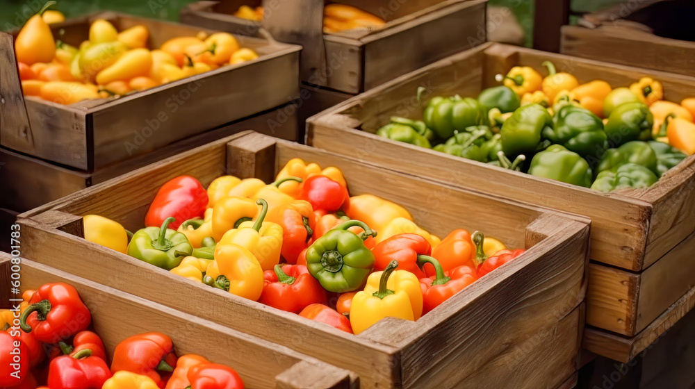 Lots of fresh yellow green and red peppers. Fresh organic vegetables in the supermarket. harvest concept. Generative AI