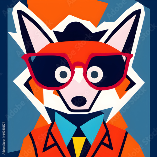 Colorful cartoon portrait of a fox with glasses and clothes, generative ai