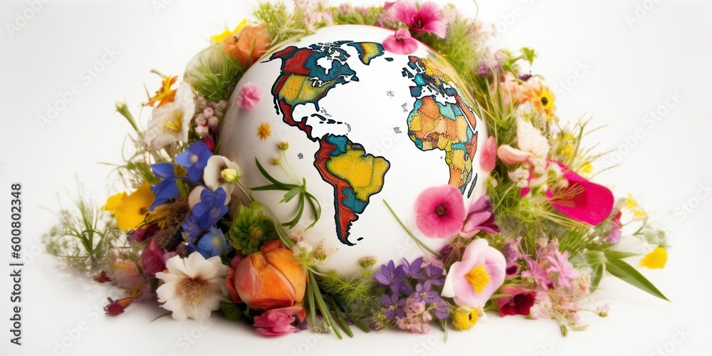 Planet earth adorned with flowers on white background, concept of Natural beauty, created with Generative AI technology