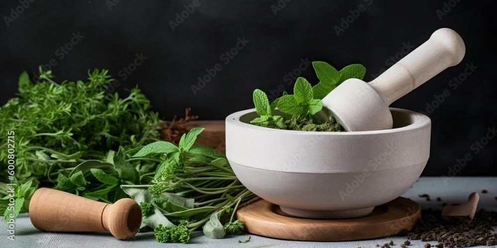 Mortar and pestle surrounded by vibrant, fresh herbs, set against a simple backdrop