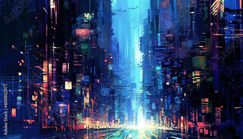 Creative colorful Glitch background. abstract digital glitch design of a cyberpunk city 